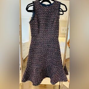 Eliza J Knee length Tweed Sleeveless Dress with Fluted Hem and frayed edges